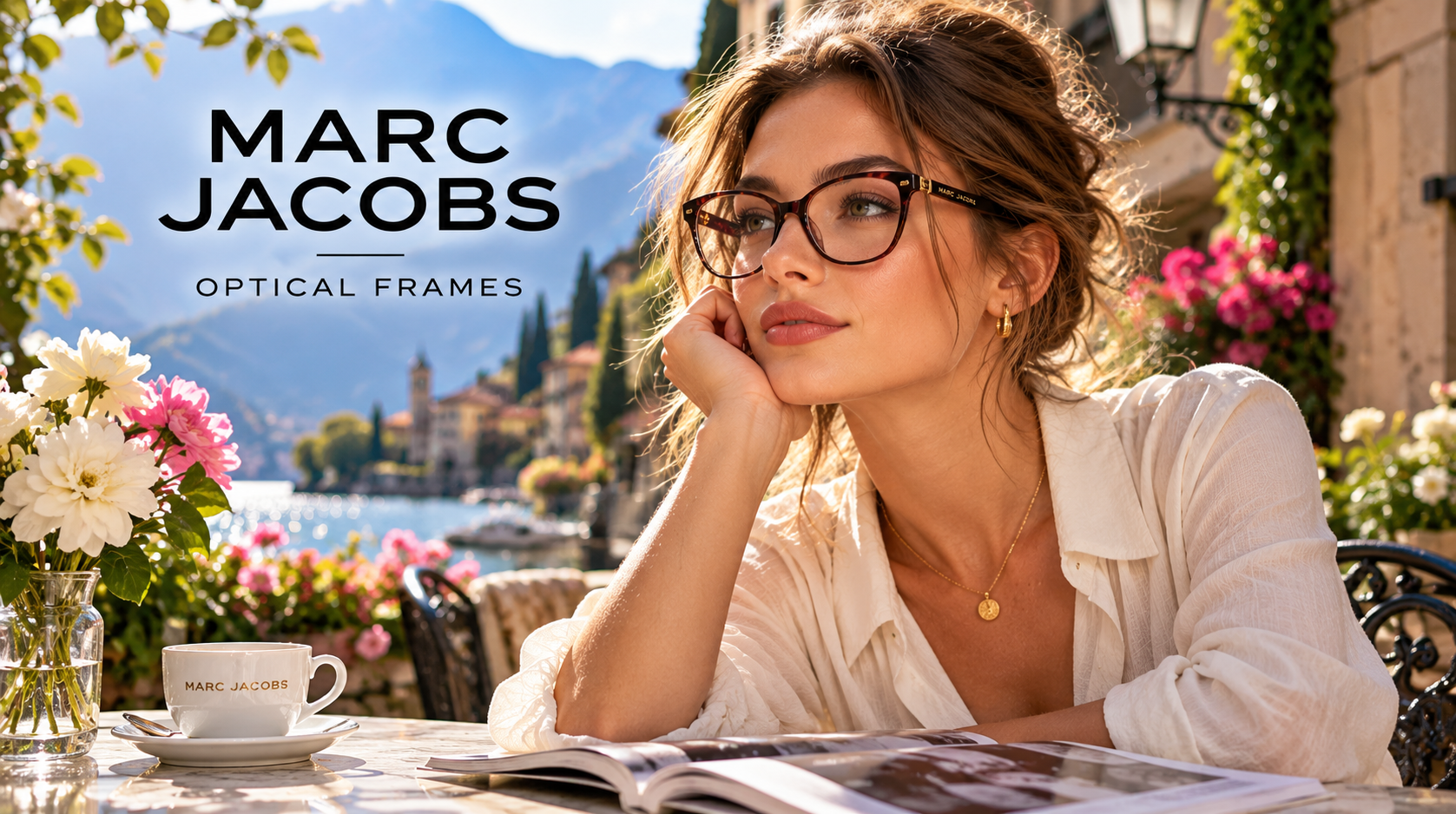 Marc Jacobs-ის ოპტიკური სათვალის ჩარჩოები — ლამაზი ქალი სათვალით, ყვავილები და მზიანი ტბის სანაპირო